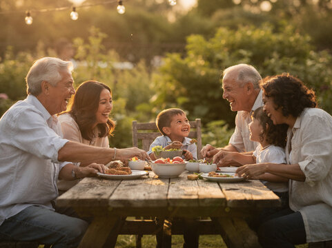 Happy Multigenerational Family Laughing at Summer Garden Dinner