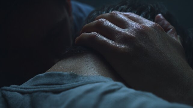 Woman sweating while being comforted by male partner. Close up of touch showing emotional struggle and hormonal imbalance symptoms during postpartum recovery. Support and mental health concept.