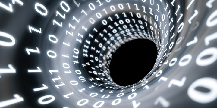 Digital binary tunnel black void abstract data vortex glowing number spiral pattern digital art cyber space futuristic tunnel binary code dark hole