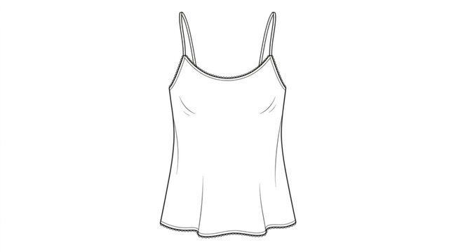 Simple line drawing of a pajama cami with thin straps, isolated on a white background, showcasing minimalist design and elegance
