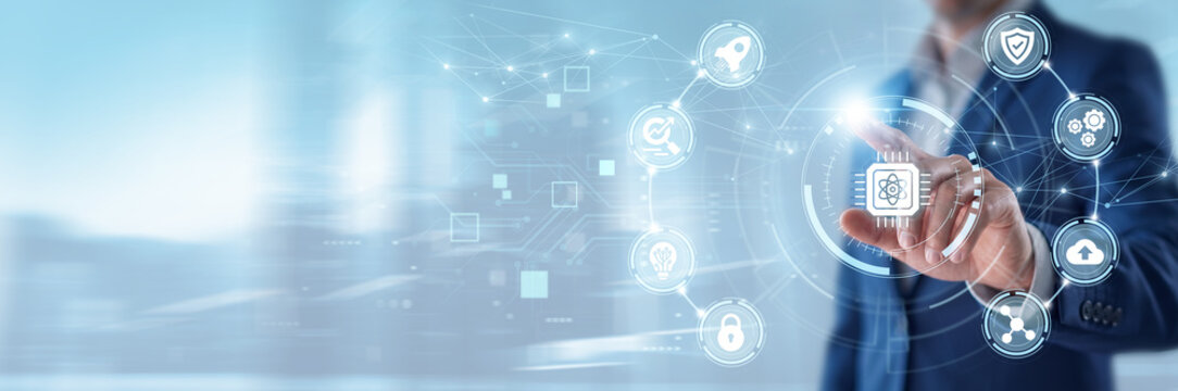 Businessman touching quantum computing platform and networking data, advanced data processing technology, artificial intelligence innovation, futuristic digital research systems