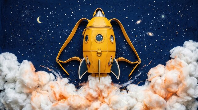 Yellow rocket backpack launching into space with cotton clouds. Creative back to school concept for children.