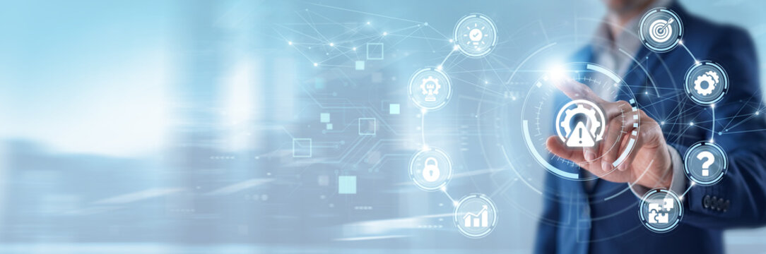 Businessman touching risk management analytics and networking data, corporate compliance strategy, financial threat assessment, secure business decision making solutions