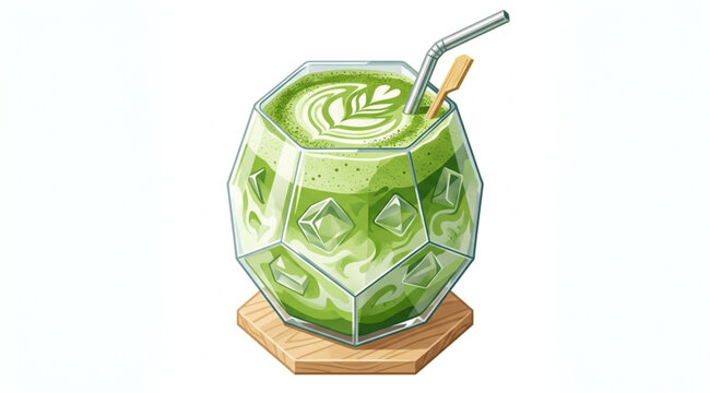 Geometric illustration of a refreshing matcha latte in a faceted glass with ice cubes, set against a white background
