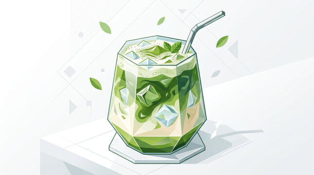 Geometric illustration of a refreshing matcha latte in a faceted glass with ice cubes, set against a white background
