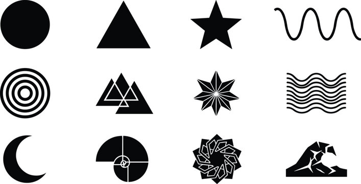 Collection of geometric, abstract, and nature-inspired symbols featuring basic shapes, patterns, stellar forms, wave motifs, and mathematical spirals for design use.