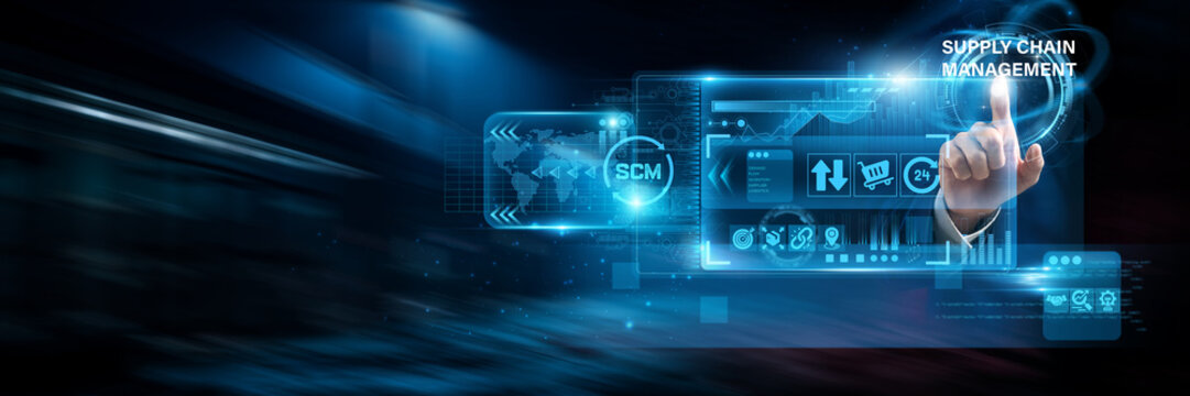 Businessman uses virtual smart dashboards analyzing SCM data and supply chain management systems, logistics optimization, inventory tracking, distribution efficiency.