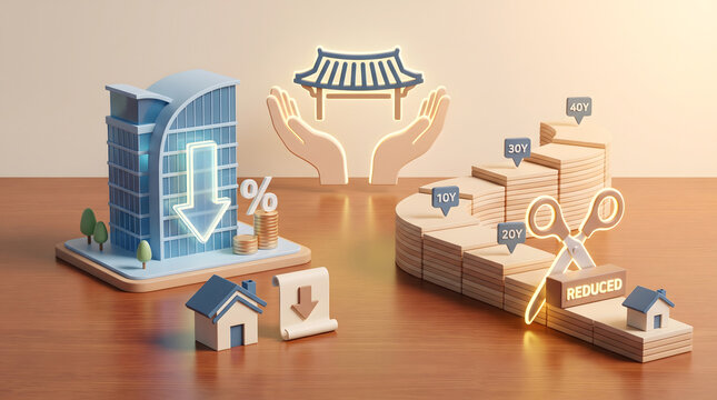 Real estate tax reduction and mortgage loan policy concept with 3D illustration of a model house, office building with a downward arrow, and glowing scissors cutting rates on wooden stairs