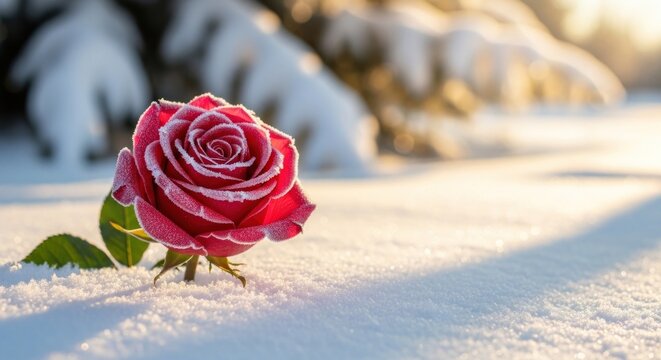Pink rose blooming in the cold winter snow.