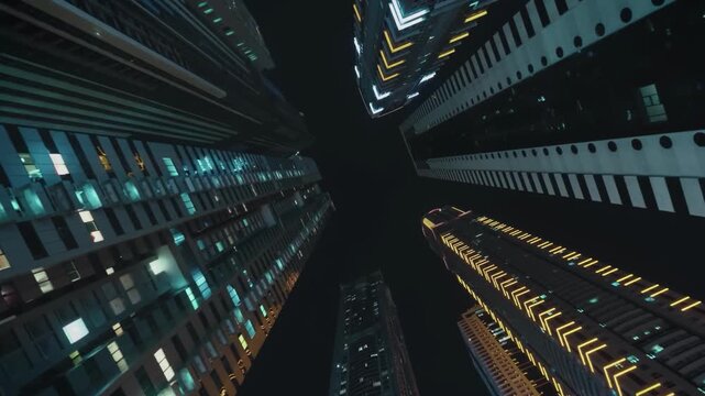 Futuristic Skyscrapers Viewed from Below at Night with Illuminated Modern Architecture