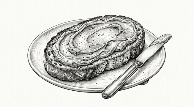 Detailed black and white illustration of toast with a generous spread of creamy peanut butter, showcasing intricate textures and shading on a white background