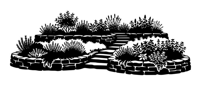 Black and White Silhouette of a Tiered Rock Garden with Stone Walls