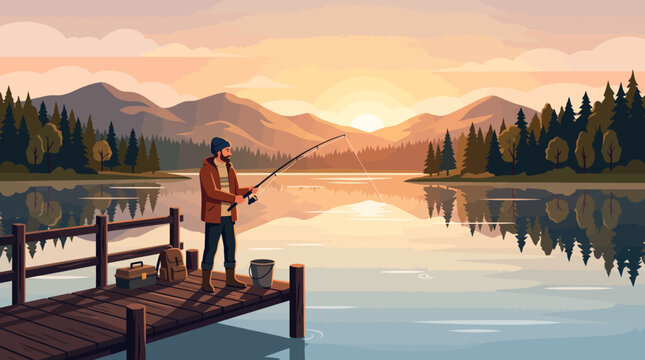 Man fishing on a serene lake dock at sunset with mountains and trees