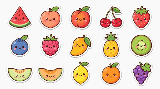 A colorful illustration of various cartoon fruits with smiling faces on a white background