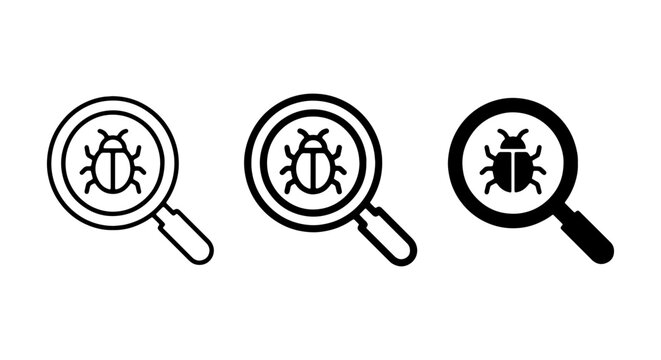 Bug Search Icons, Magnifying Glass Insect Detection, Vector Debugging Symbols