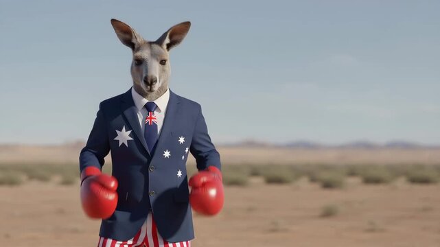 Kangaroo standing in desert wearing flag suit and boxing glove. Australian animal dressed as athlete for national holiday. Animal symbol of country in outback.