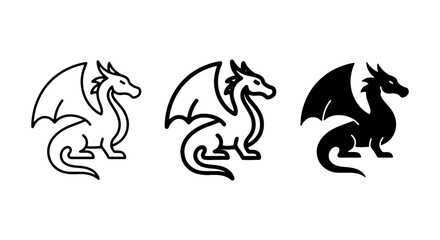 Naklejka premium Dragon Icons Set, Mythical Creature Vector Graphics, Fantasy Beast Line Art and Silhouette