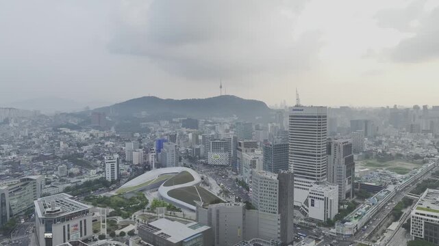 Aerial Drone View of Jongno Cityscape near Dongmyo Station and DDP Dongdaemun Design Plaza in Seoul, South Korea