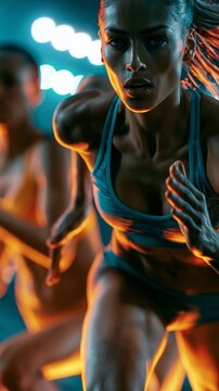 Intense female sprinter in blue athletic gear running with dramatic orange and blue lighting.