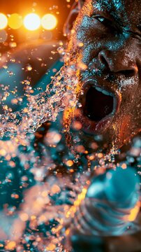 Extreme close-up of a man spitting water with intense expression, dramatic teal and orange lighting, refreshing and energetic mood.