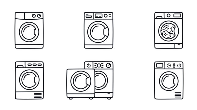 Set of washing machine icons, line art, clean laundry symbols, home appliance vector