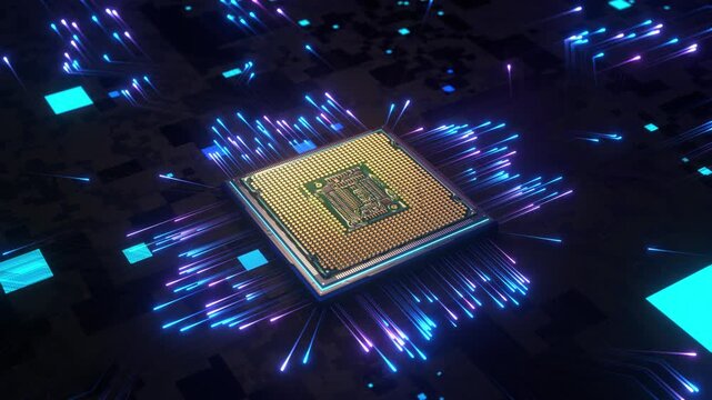 AIチップと電子基板をモチーフにした半導体テクノロジーCGアニメーション