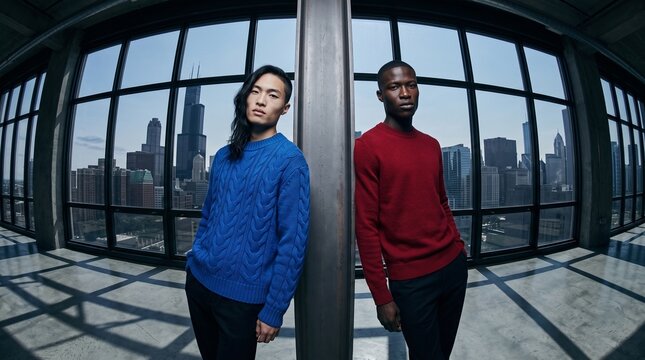 Two Men Standing by Windows with City Skyline