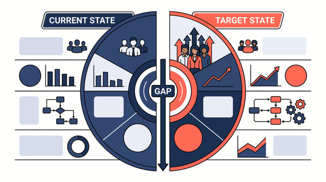Business gap analysis infographic comparing current state and target state for growth planning.