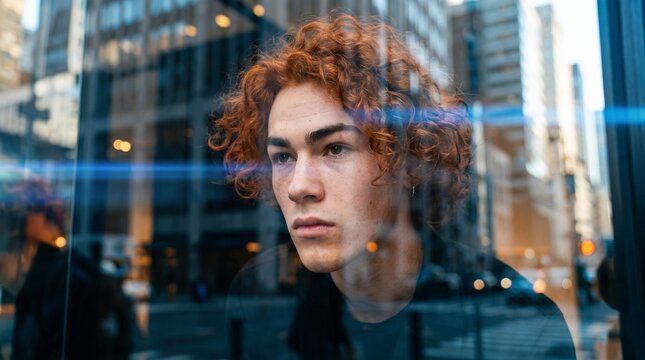 Young Man With Curly Hair Looking Thoughtful in City