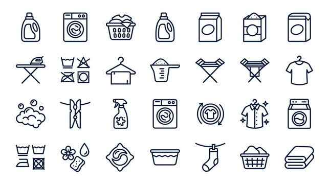 Laundry Icons Set: Washing Machine, Clothes Hanger, Ironing Board, Detergent Bottle, Dryer