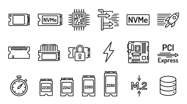 Computer hardware icons: SSD, NVMe, CPU, RAM, motherboard, PCI Express, M.2, storage