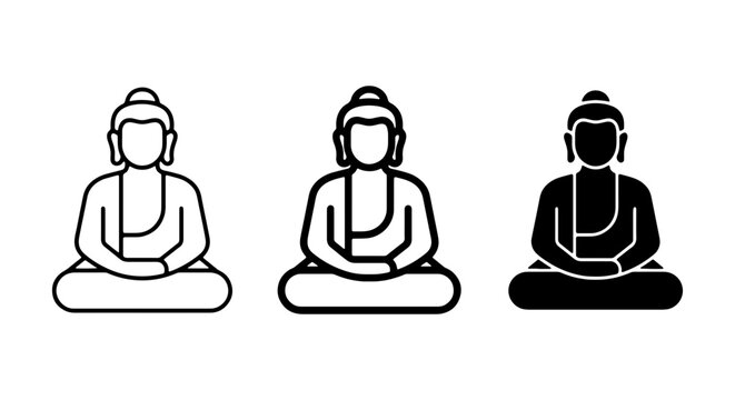 Buddha icon set in minimalist line art style, zen meditation symbols, spiritual yoga vector icons