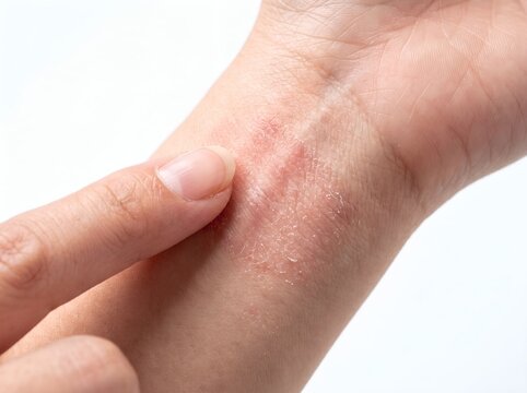 Close up of a finger pointing at a red, itchy allergic rash on the arm