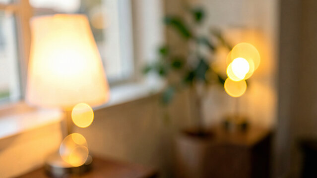 Table lamp with green plant in a soft dreamy out of focus a sunlit reading nook