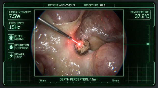 Disintegrating a calcified kidney stone using advanced holmium laser lithotripsy fiber during a retrograde intrarenal surgical procedure.