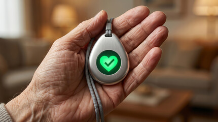 Fototapeta premium Displaying a teardrop-shaped medical alert device held in a wrinkled hand, featuring a glowing green heart icon symbolizing health monitoring.