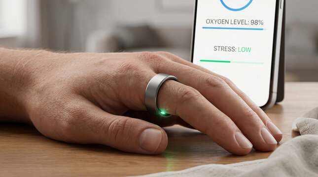 Wearable biometric technology utilized for continuous health monitoring via a sleek titanium smart ring displaying glowing green optical sensor data.