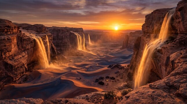 Surreal desert canyon landscape with rivers of golden sand cascading down red rock cliffs at sunset