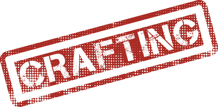 A red distressed rubber stamp with the word CRAFTING embossed on a plain white surface