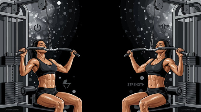 Focused athletic woman executing a lat pulldown, building muscle and strength in a contemporary gym setting, highlighting dedication to a healthy and active lifestyle