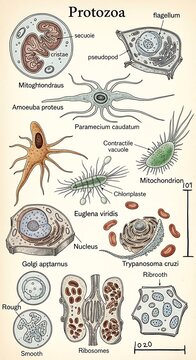 Vintage Protozoa Scientific Diagram Showing Labeled Microorganisms on Cream Background