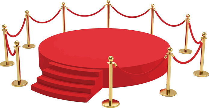 Red circular podium with stairs and golden stanchions with velvet ropes for awards ceremony vector illustration