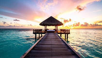 Obraz premium Sunset view from an overwater bungalow in the Maldives