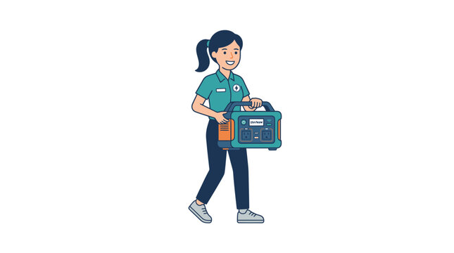 Smiling Woman Carrying Portable Generator, Electrical Power Device