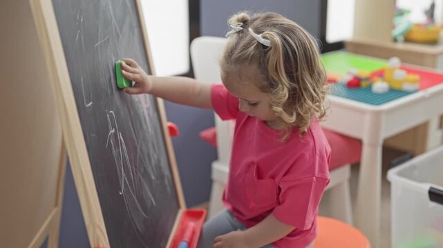 Blonde toddler girl in pink shirt erases a scribbled chalkboard with a green sponge at a toy table in a playroom building; playful learning.