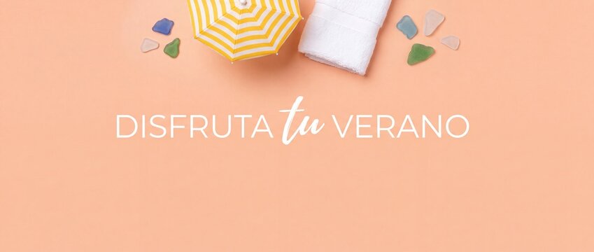 Summer background beach flat lay with Spanish text Disfruta tu Verano, featuring mini yellow umbrella, towel, and sea glass on pastel peach backgrounds, perfect for tropical vacation travel concepts.
