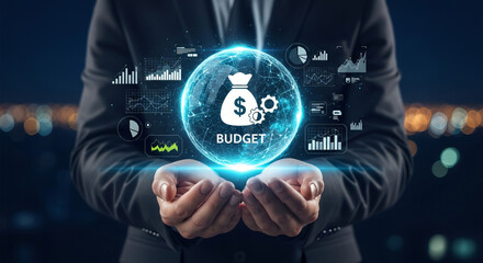 Fototapeta premium Business leader presenting a futuristic digital budget concept, visualizing financial management, data analysis, and strategic planning for economic success