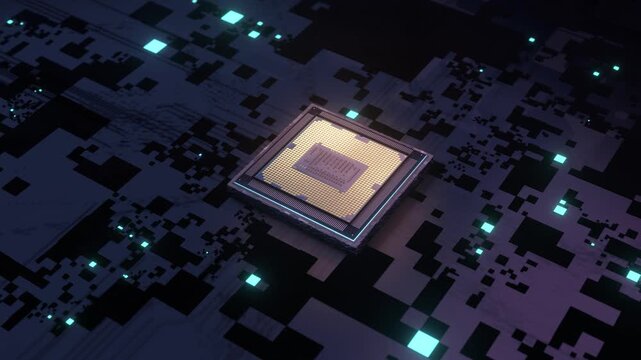 AIチップと電子基板をモチーフにした半導体テクノロジーCGアニメーション