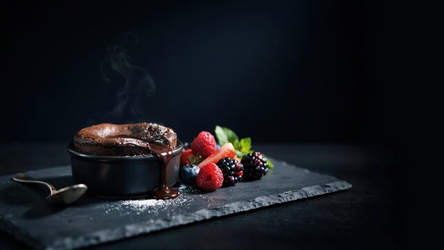 Chocolate souffle with berries on slate plate chocolate souffl?