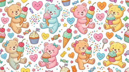 Fototapeta premium Adorable cartoon bears are holding colorful ice cream cones and frosted cupcakes with sprinkles
